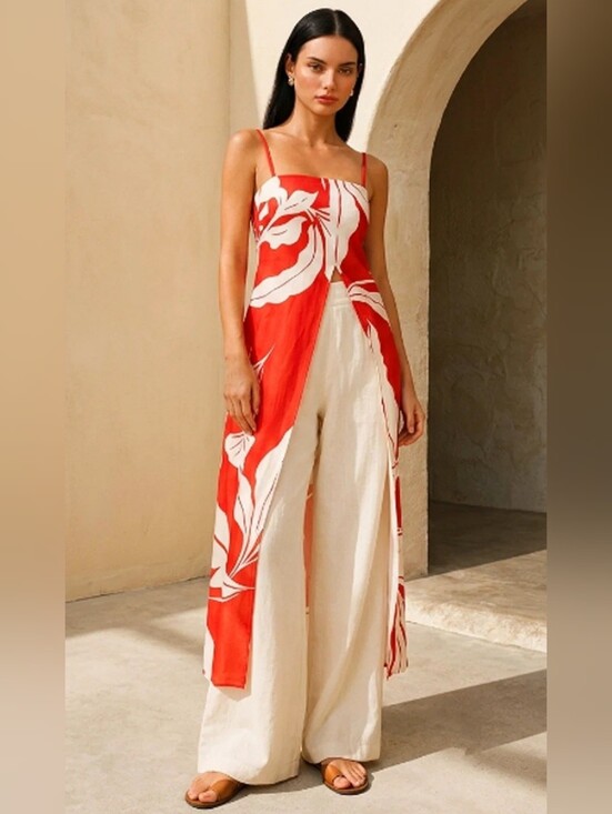 Commense Tops - Commense Red & White Leaf Printed Longline Cami Top
